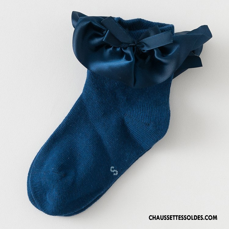 Chaussettes Mi Hautes Fille 100% Coton Chaussette Courte Papillon Soie L'automne Dentelle Bleu Marin