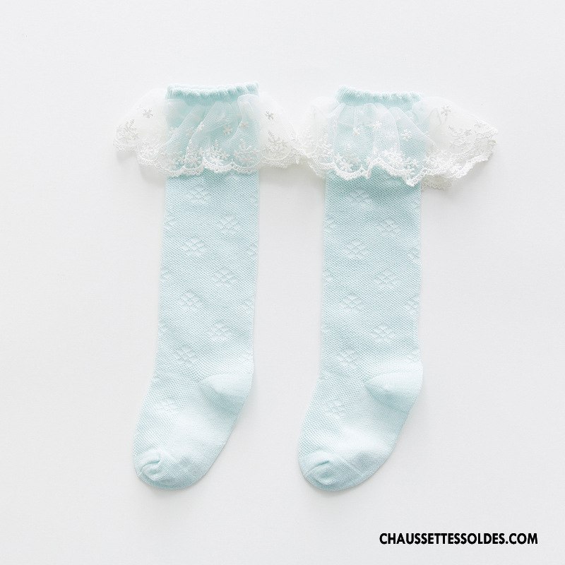 Chaussettes Mi Hautes Fille Dentelle Enfant Printemps Été Bébé Bleu Clair Pure