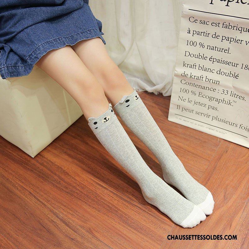 Chaussettes Mi Hautes Fille Dessin Animé L'automne Enfant Élève Coton Bio Rayé Gris