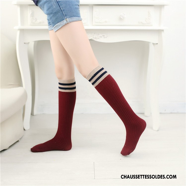 Chaussettes Mi Hautes Fille Enfant Rayé Long Stock Rétro Vent D'université 100% Coton Bleu