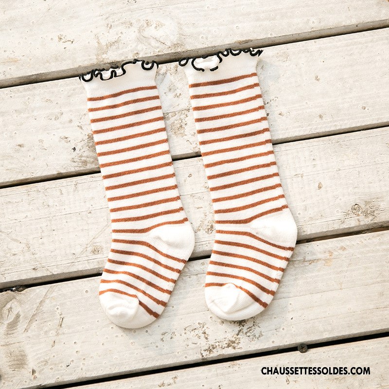 Chaussettes Mi Hautes Fille Enfant Tendance Rayé Point D'onde Bois Printemps Marron Couleurs Mixtes