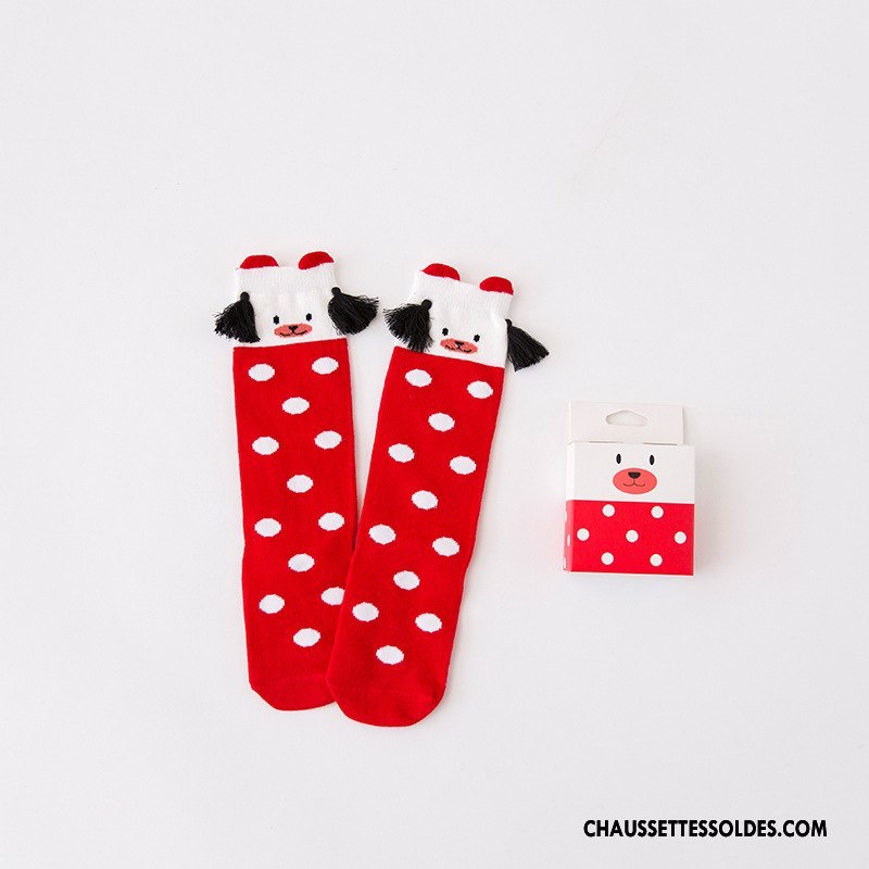 Chaussettes Mi Hautes Fille Frange Houppe Milieu Dessin Animé Point D'onde Enfant Ours Rouge
