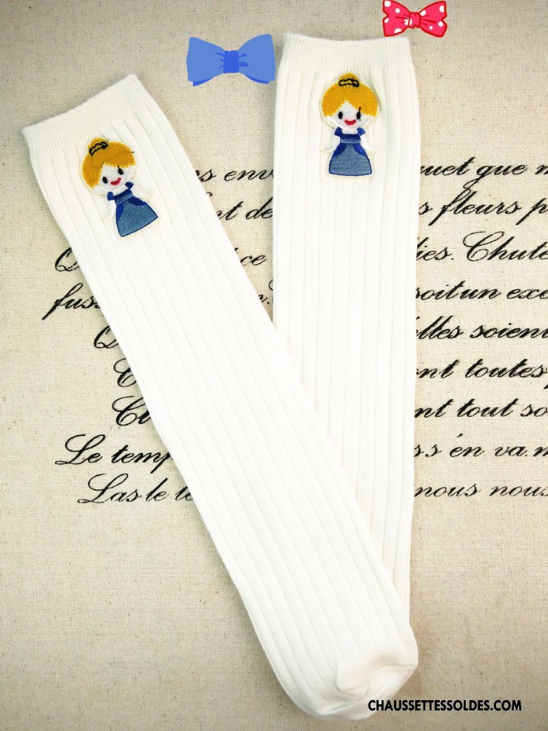 Chaussettes Mi Hautes Fille Le Nouveau Long Stock Princesse Matelassé 100% Coton Brodé Bleu Blanc