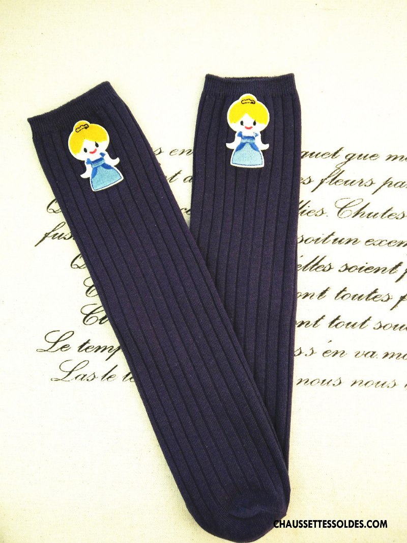 Chaussettes Mi Hautes Fille Le Nouveau Long Stock Princesse Matelassé 100% Coton Brodé Bleu Blanc