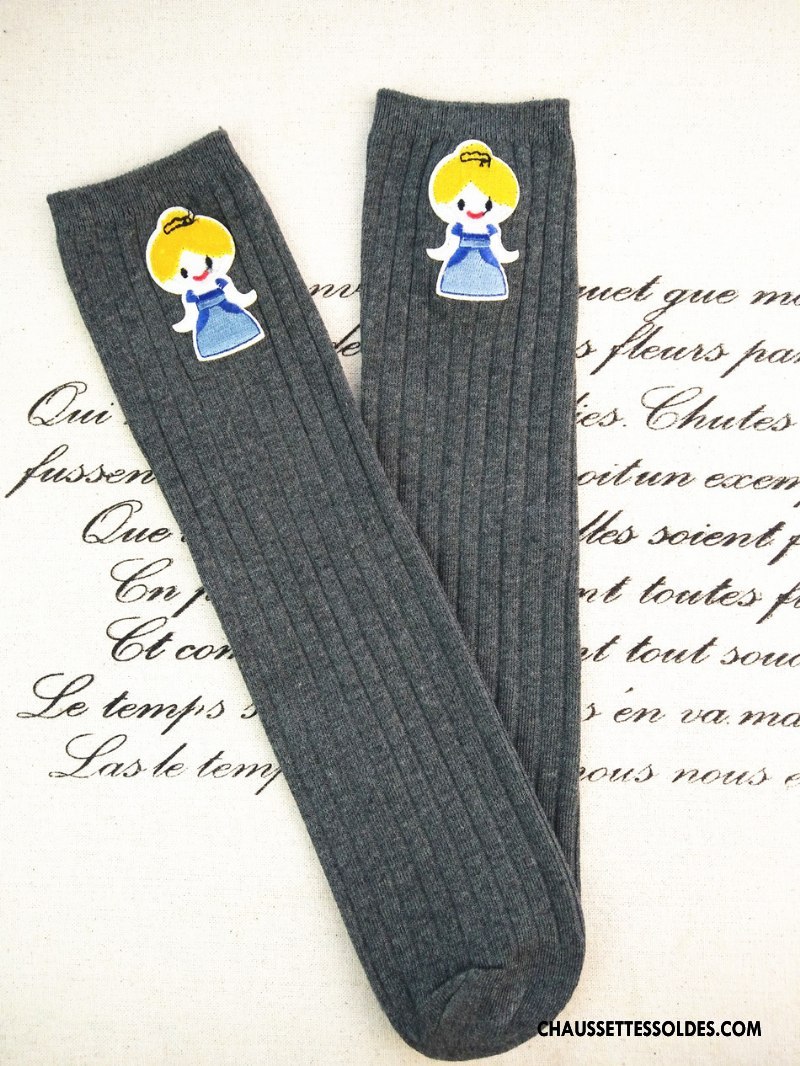 Chaussettes Mi Hautes Fille Le Nouveau Long Stock Princesse Matelassé 100% Coton Brodé Bleu Blanc