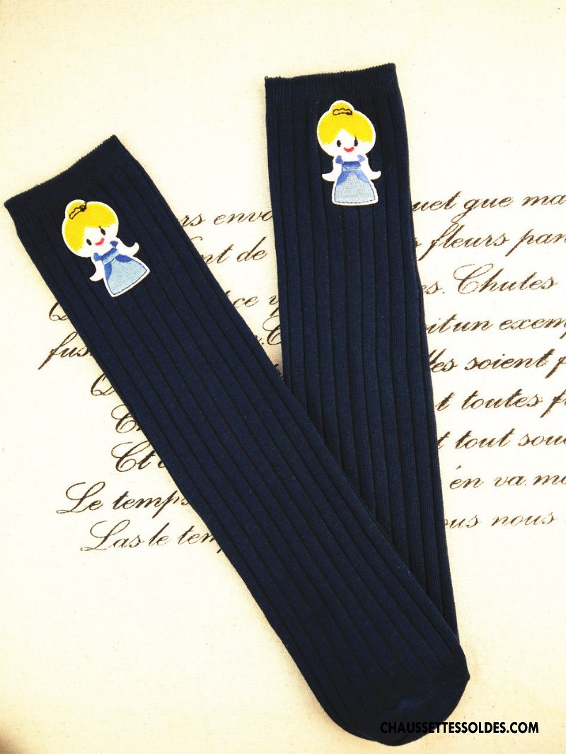 Chaussettes Mi Hautes Fille Le Nouveau Long Stock Princesse Matelassé 100% Coton Brodé Bleu Blanc