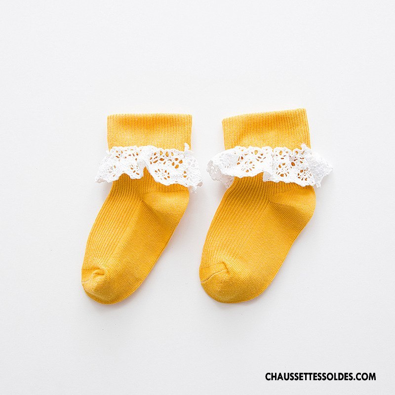 Chaussettes Mi Hautes Fille Le Nouveau Été Dentelle Enfant 100% Coton Matelassé Jaune