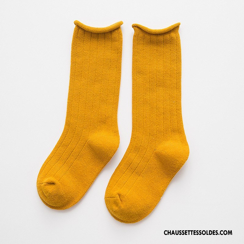 Chaussettes Mi Hautes Fille Matelassé L'automne Enfant Ourlet Hiver Tendance Couleurs De Bonbons Jaune