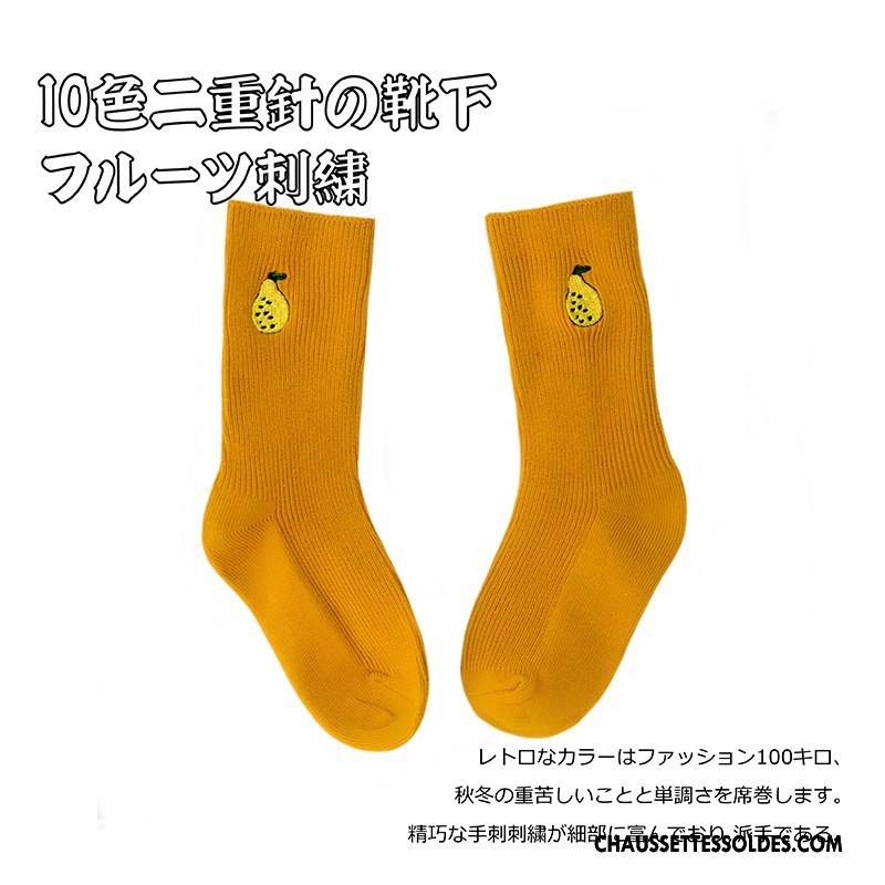 Chaussettes Mi Hautes Fille Original Tendance Brodé Enfant 100% Coton Pure Jaune