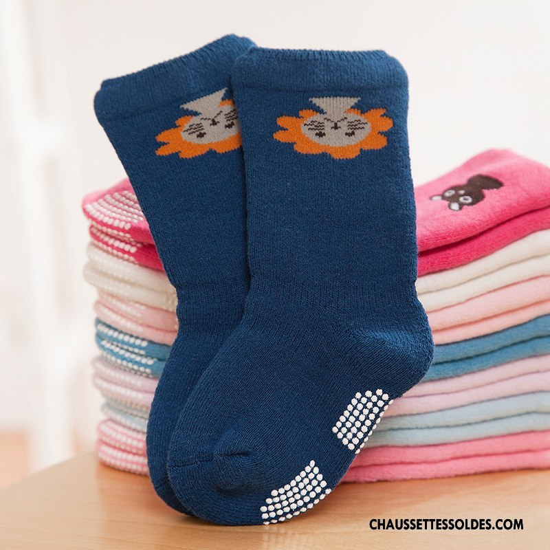 Chaussettes Mi Hautes Fille Terry Hiver Renforcé Antidérapant Dessin Animé Matelassé Bleu
