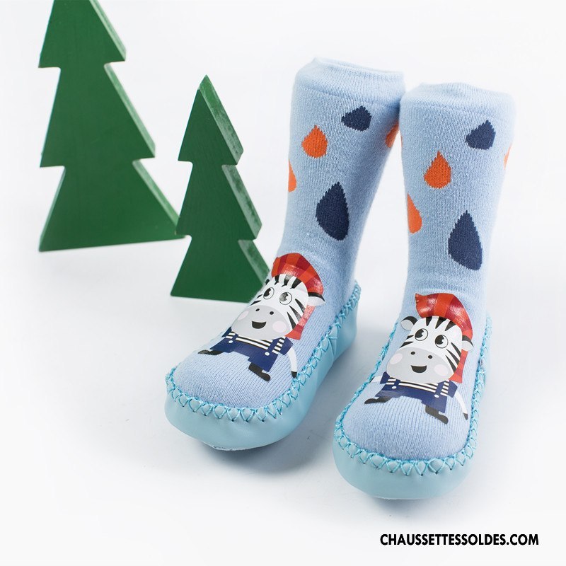 Chaussettes Mi Hautes Garçon Bébé Semelle Doux L'automne Renforcé Cuir Hiver Impression Bleu