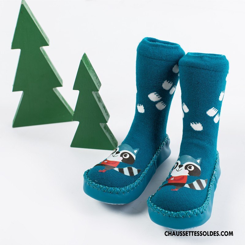 Chaussettes Mi Hautes Garçon Bébé Semelle Doux L'automne Renforcé Cuir Hiver Impression Bleu