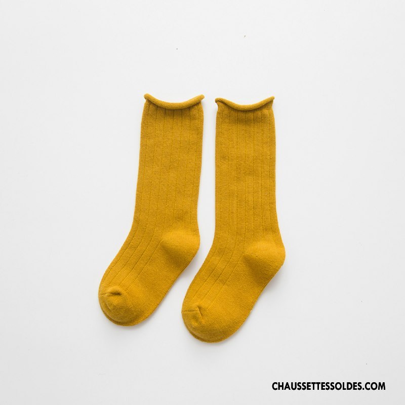 Chaussettes Mi Hautes Garçon Ourlet Enfant 100% Coton Créatif Milieu Printemps Couleurs De Bonbons Pure Jaune