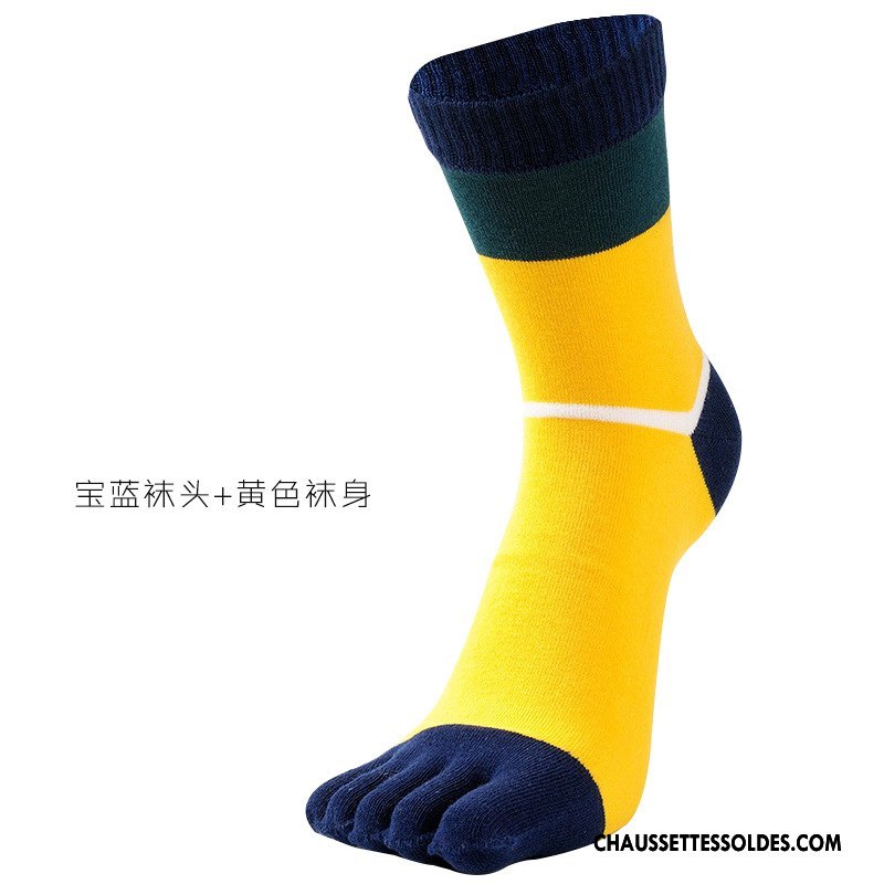 Chaussettes Mi Hautes Homme Chaussettes En Coton Cinq Doigts Rayé Absorber La Sueur Mouvement Anti-odeur Jaune