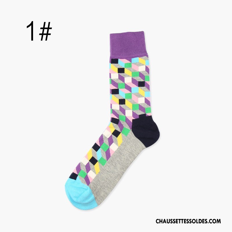 Chaussettes Mi Hautes Homme Chaussettes En Coton Milieu Carreaux Mouvement Britanique Longue Couleur De Contraste Coloré
