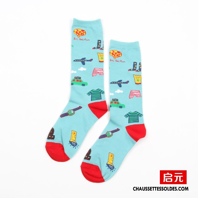 Chaussettes Mi Hautes Homme Femme Dessin Animé Créateur De Tendances 100% Coton Rue Lovers Bleu