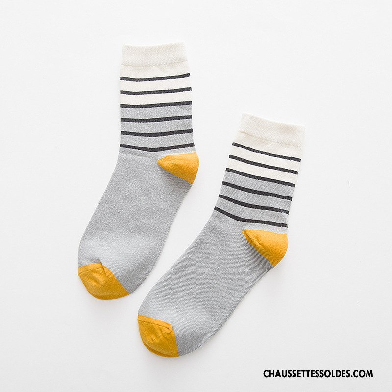Chaussettes Mi Hautes Homme L'automne Beige Milieu Chaussettes En Coton Nouvelles Arrivées Rayé Blanc