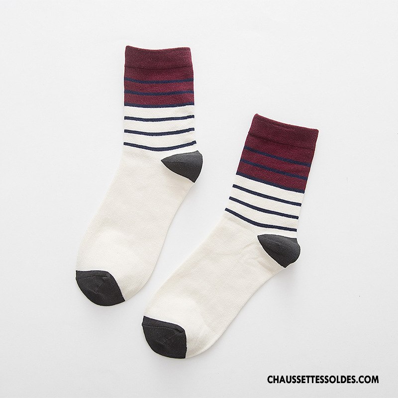 Chaussettes Mi Hautes Homme L'automne Beige Milieu Chaussettes En Coton Nouvelles Arrivées Rayé Blanc