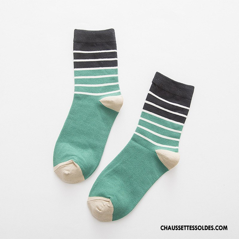 Chaussettes Mi Hautes Homme L'automne Beige Milieu Chaussettes En Coton Nouvelles Arrivées Rayé Blanc