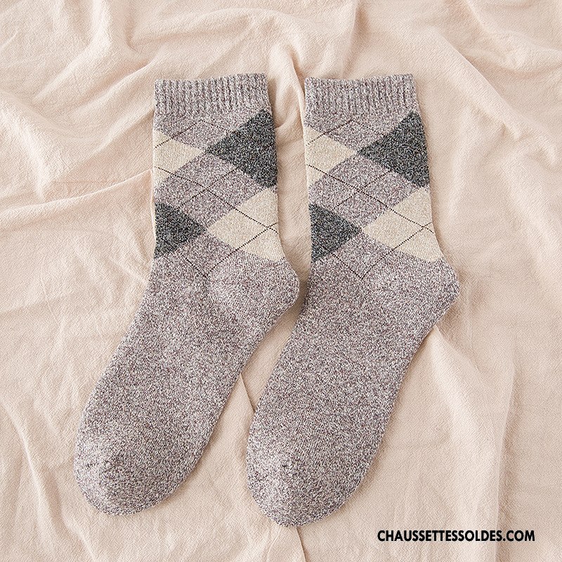 Chaussettes Mi Hautes Homme L'automne Renforcé Rhombe Chaussettes En Coton Hiver Milieu Gris