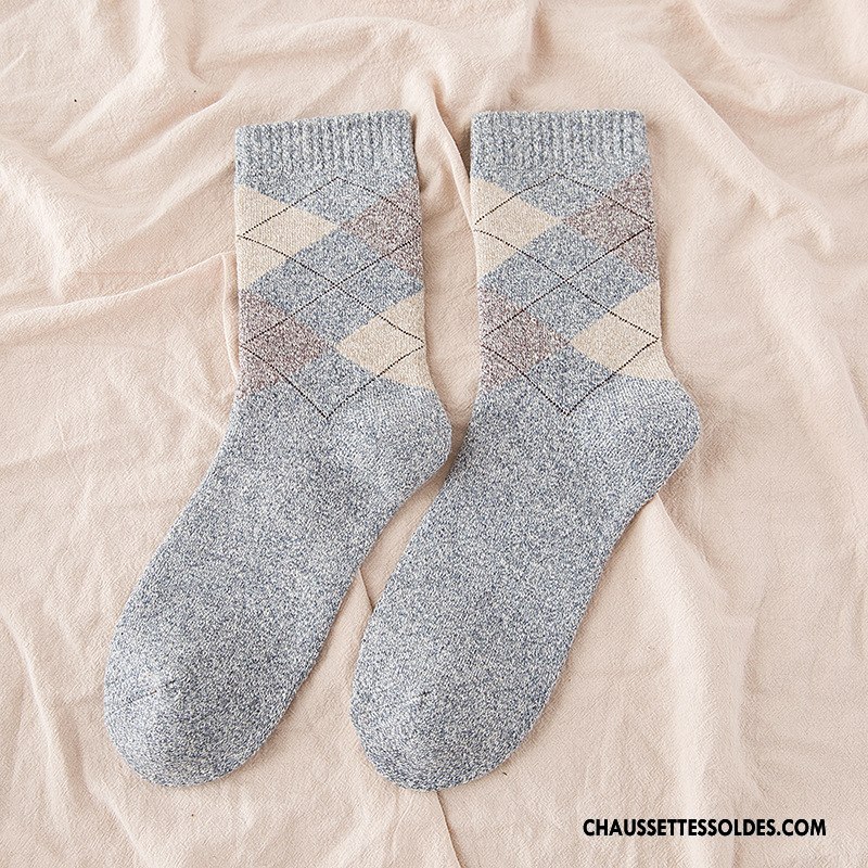 Chaussettes Mi Hautes Homme L'automne Renforcé Rhombe Chaussettes En Coton Hiver Milieu Gris