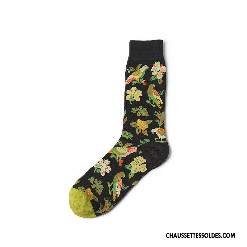 Chaussettes Mi Hautes Homme Long Stock Europe Nouvelles Arrivées Oiseau Chaussettes En Coton Fleurs Couleur De Contraste Noir