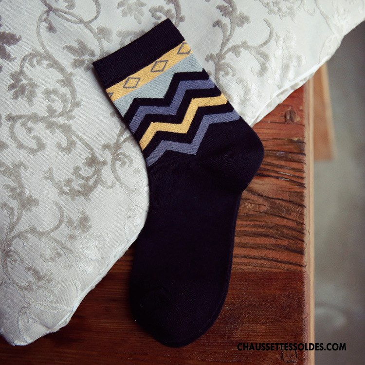 Chaussettes Mi Hautes Homme Milieu Casual Rayé Anti-odeur Mode Coton Jaune
