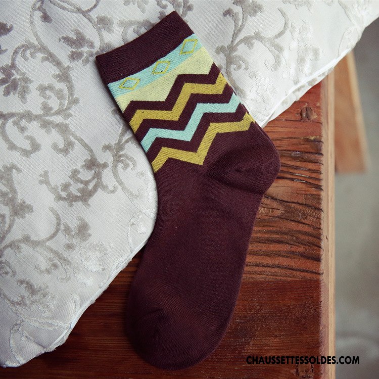 Chaussettes Mi Hautes Homme Milieu Casual Rayé Anti-odeur Mode Coton Jaune