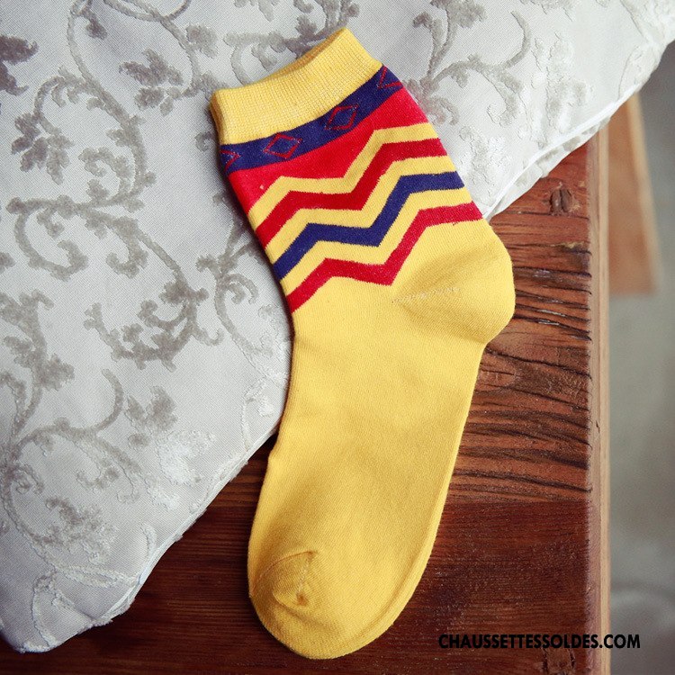 Chaussettes Mi Hautes Homme Milieu Casual Rayé Anti-odeur Mode Coton Jaune