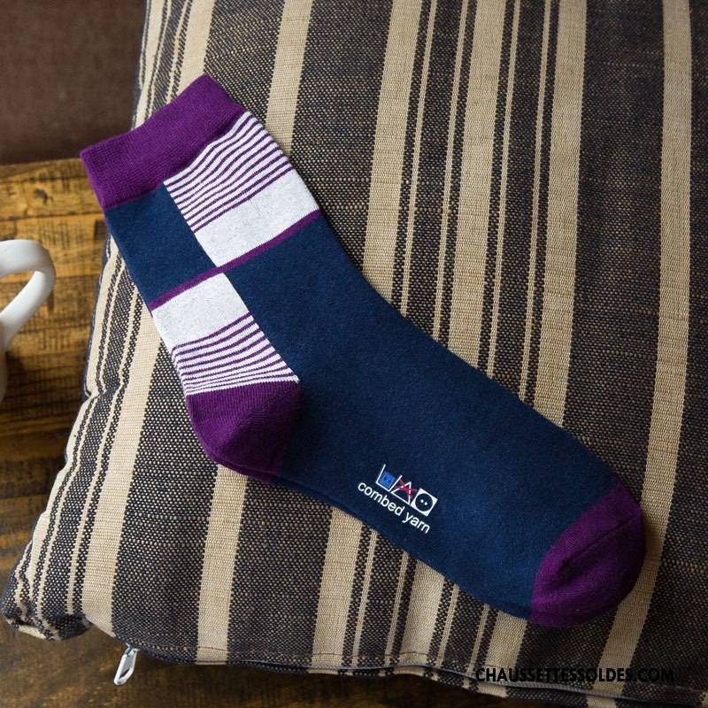 Chaussettes Mi Hautes Homme Milieu Matelassé Le Nouveau Rayé Hiver De Travail Bleu Marin