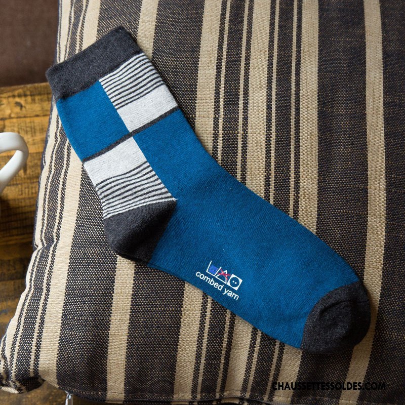 Chaussettes Mi Hautes Homme Milieu Matelassé Le Nouveau Rayé Hiver De Travail Bleu Marin