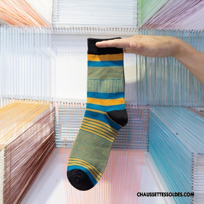Chaussettes Mi Hautes Homme Milieu Rétro Chaussettes En Coton Manuel Respirant Le Nouveau Couleur De Contraste Bleu