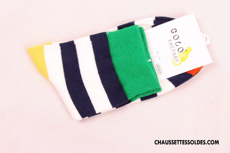 Chaussettes Mi Hautes Homme Milieu Été Printemps Rayé Coton Bio Tendance Coloré