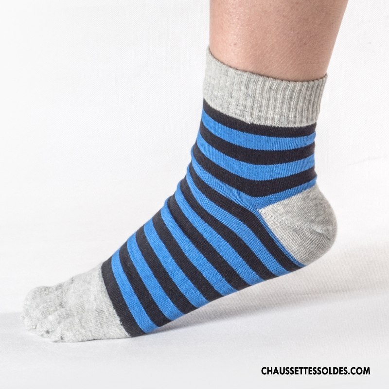 Chaussettes Mi Hautes Homme Mouvement Anti-odeur Rayé Absorber La Sueur Chaussettes En Coton Cinq Doigts Bleu