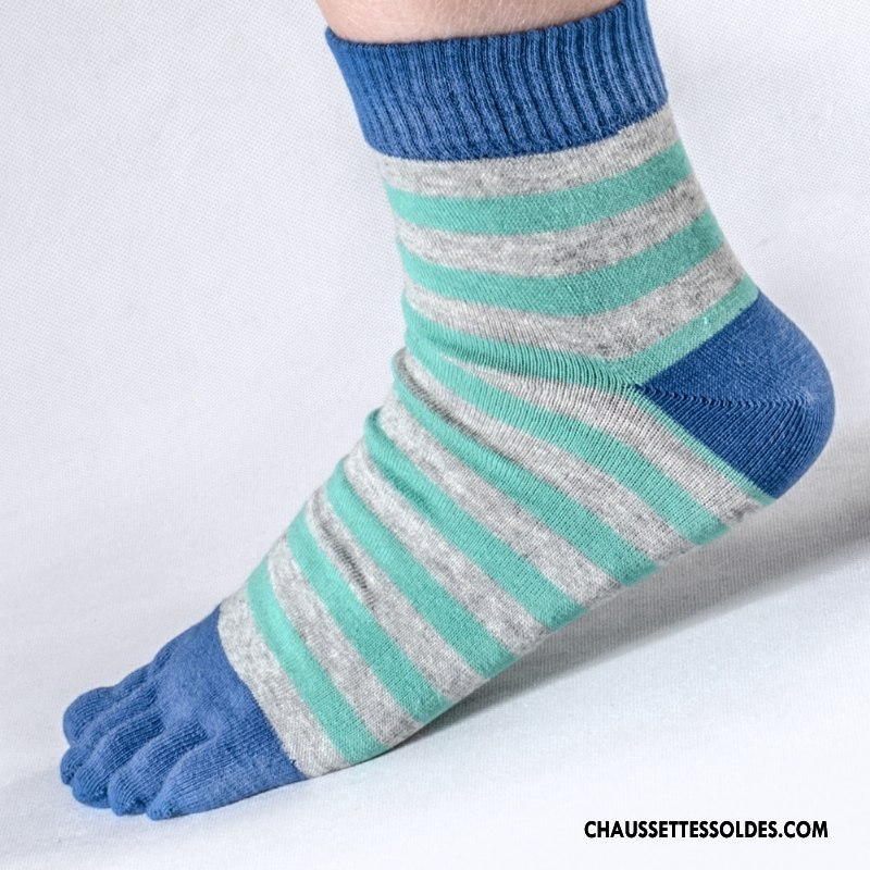 Chaussettes Mi Hautes Homme Mouvement Anti-odeur Rayé Absorber La Sueur Chaussettes En Coton Cinq Doigts Bleu