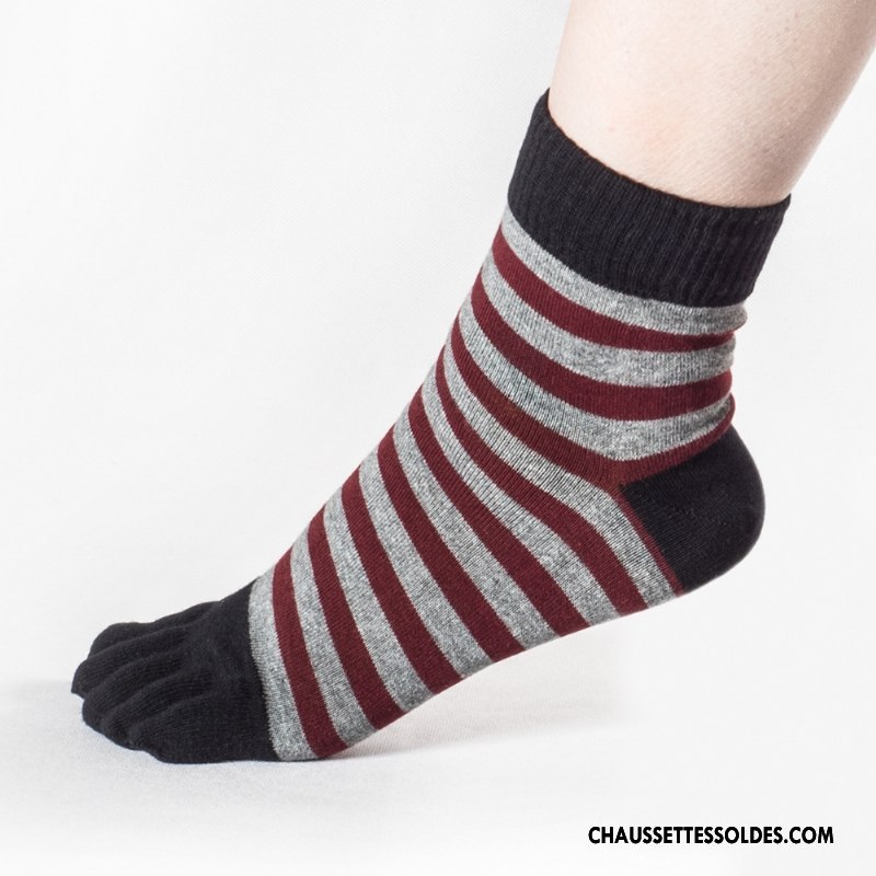 Chaussettes Mi Hautes Homme Mouvement Anti-odeur Rayé Absorber La Sueur Chaussettes En Coton Cinq Doigts Bleu
