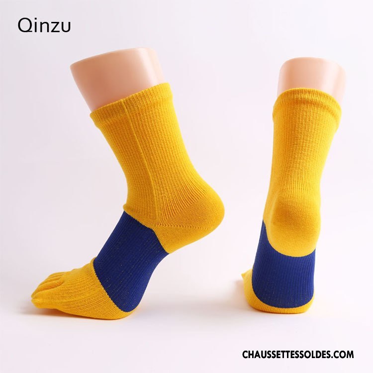 Chaussettes Mi Hautes Homme Respirant Mouvement Longue Chaussettes En Coton Cinq Doigts Matelassé Blanc Jaune