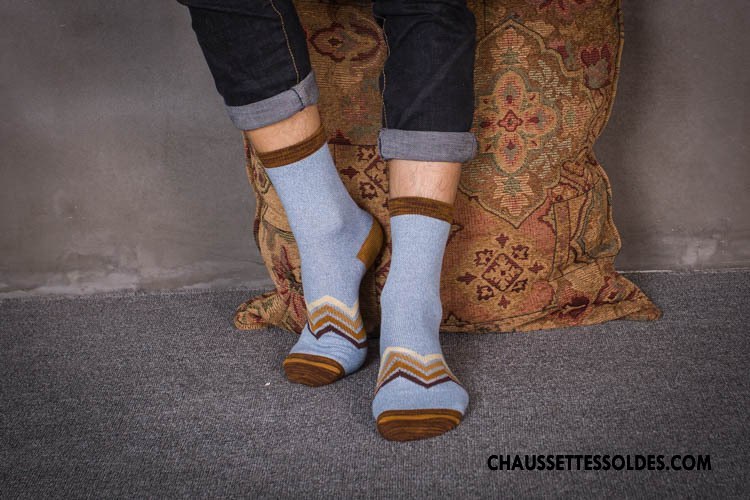 Chaussettes Mi Hautes Homme Rétro Renforcé 100% Coton Style National Tendance Manuel Bleu Clair