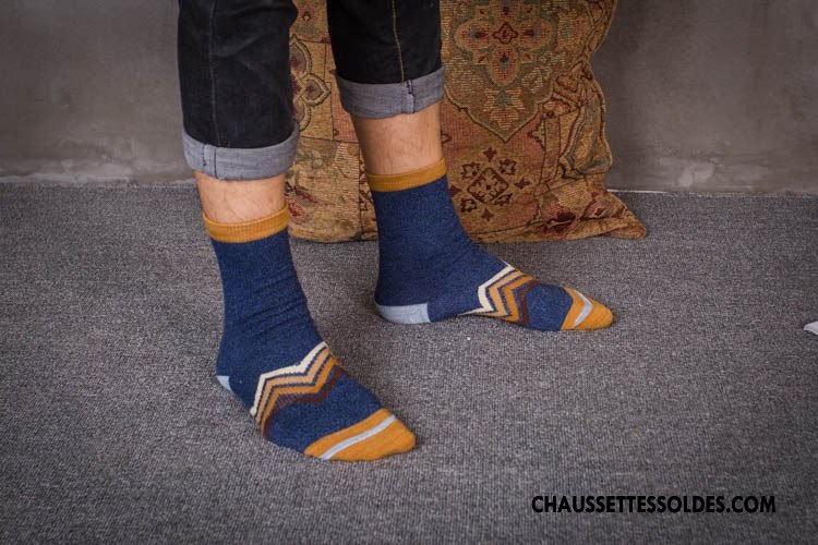 Chaussettes Mi Hautes Homme Rétro Renforcé 100% Coton Style National Tendance Manuel Bleu Clair