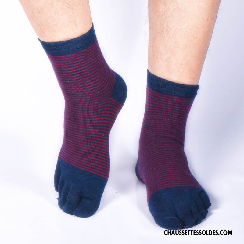Chaussettes Mi Hautes Homme Thermiques Chaussettes En Coton Cinq Doigts Anti-odeur Rayé Mouvement Bleu