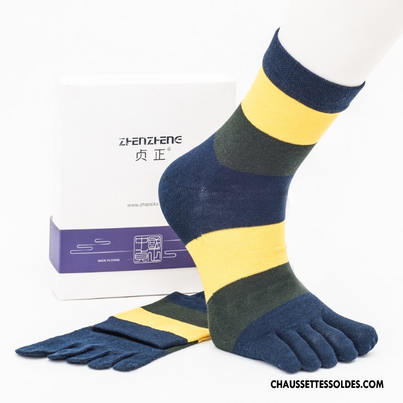 Chaussettes Mi Hautes Homme Toutes Les Saisons Anti-odeur Milieu Cinq Doigts Absorber La Sueur Chaussettes En Coton Couleurs Mixtes Bleu