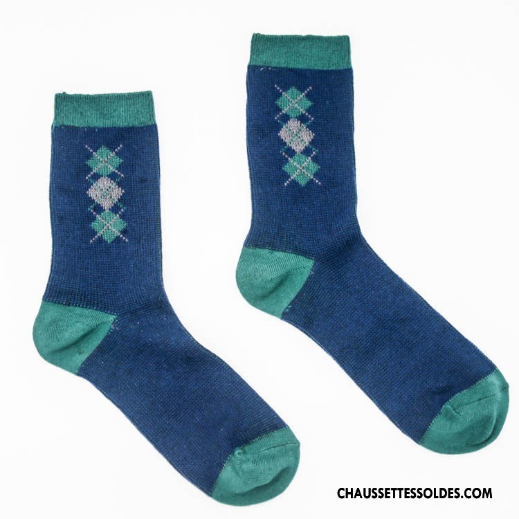 Chaussettes Mi Hautes Homme À La Mode Rétro Été 100% Coton Style National Mince Bleu