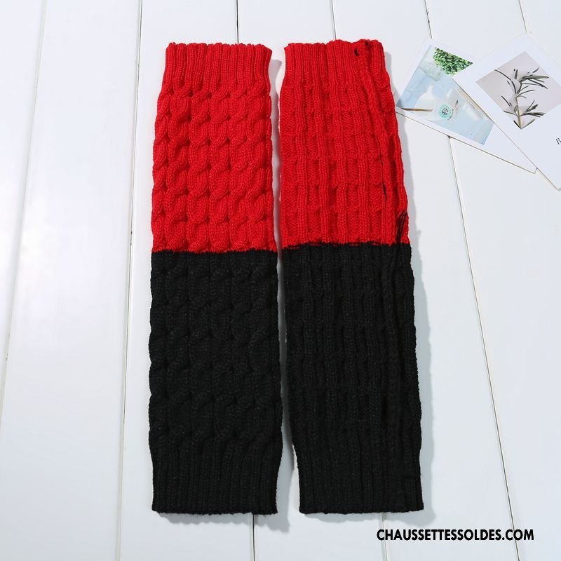 Guêtres Femme Bicolore Chaussette L'automne Thermiques De Laine Hiver Couleurs Mixtes Rouge