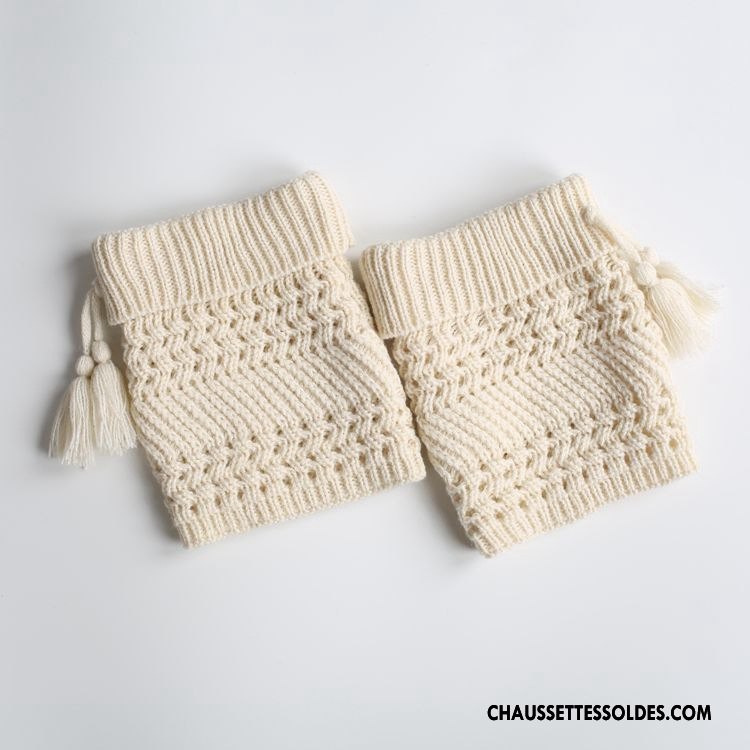 Guêtres Femme Europe En Maille Beige Frange Houppe Thermiques Noël Blanc
