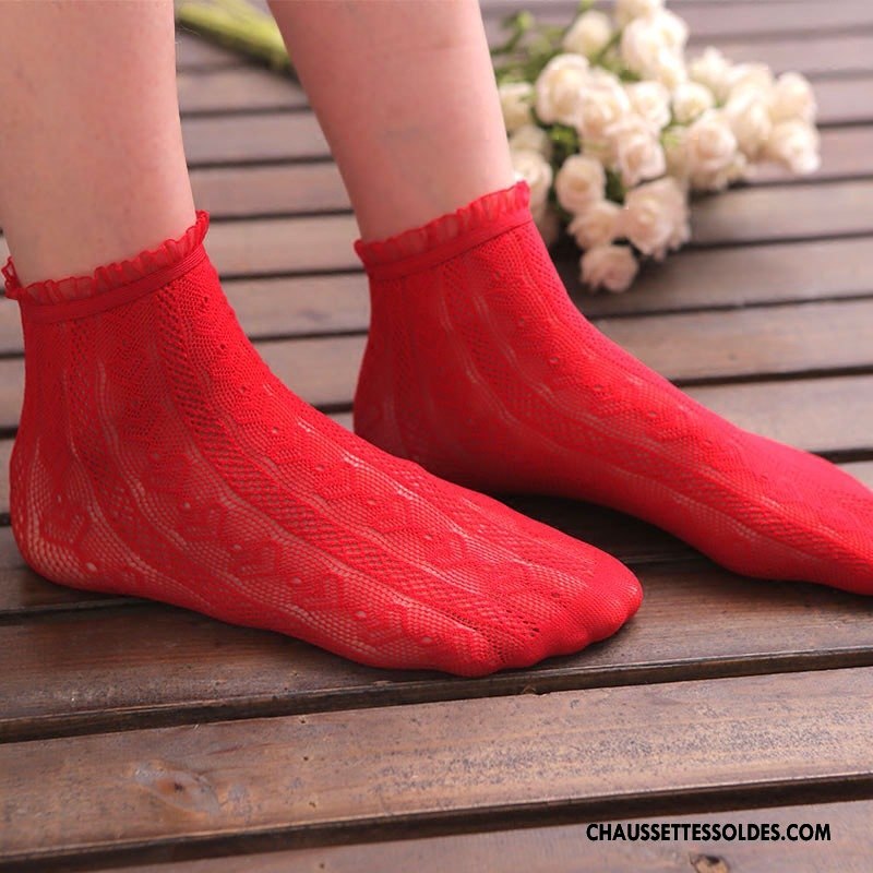 Bas Bas De Soie Femme Chaussette Courte Princesse Dame Dentelle Fleurs Légère Rouge