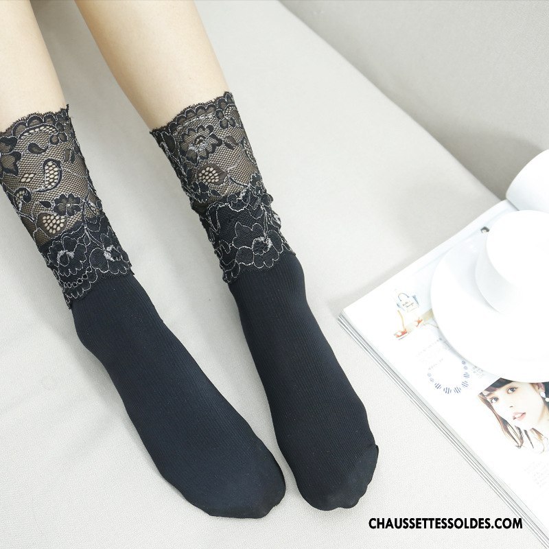 Bas Bas De Soie Femme Chaussette Dame Dentelle Le Nouveau Milieu Noir Argent