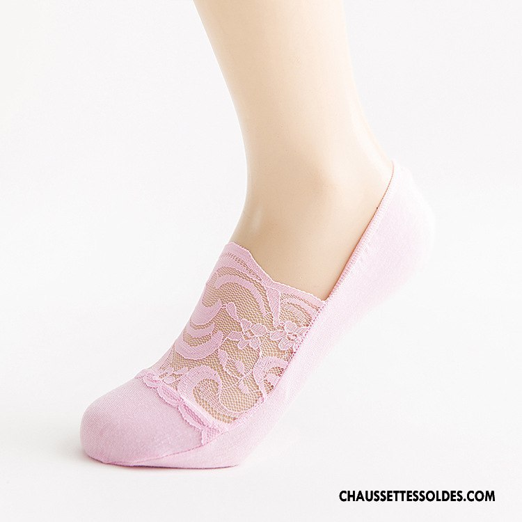 Bas Bas De Soie Femme Chaussette Invisible Dentelle Légère 100% Coton Antidérapant Rose Clair