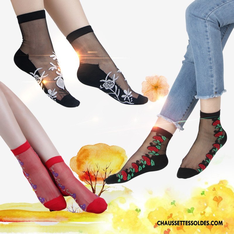 Bas Bas De Soie Femme Chaussette Matelassé Petit Dentelle Fleurs Papillon Noir
