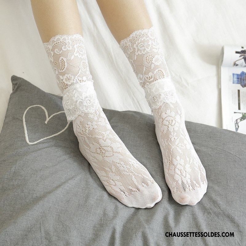 Bas Bas De Soie Femme Dentelle Été Engrener Creux Guipure Le Nouveau Milieu Pure Blanc