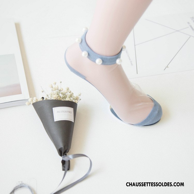 Bas Bas De Soie Femme Perle Chaussette Courte Nouvelles Arrivées Bordé Printemps Bleu